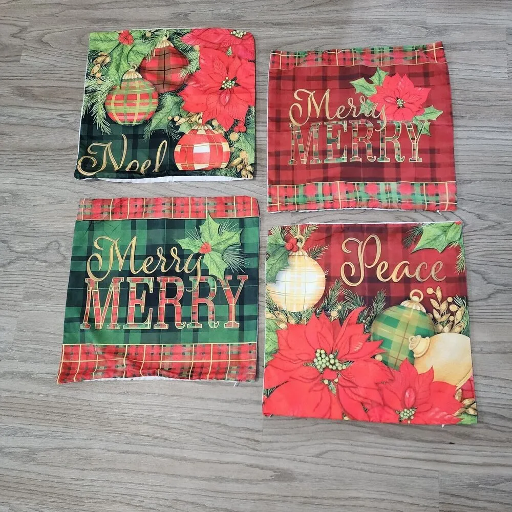 Christmas Throw Pillow Covers 18 x 18 Red & Green Plaid Pattern Set of 4 NEW